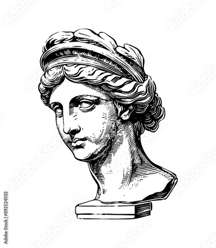aphrodite head statue engraving black and white outline