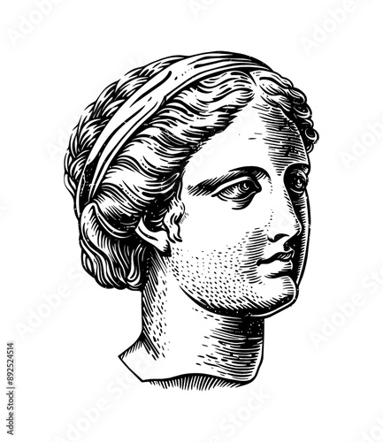 aphrodite head statue engraving black and white outline