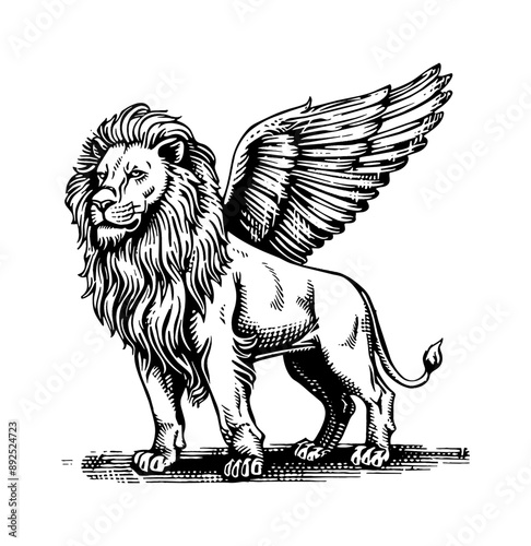 winged lion engraving black and white outline