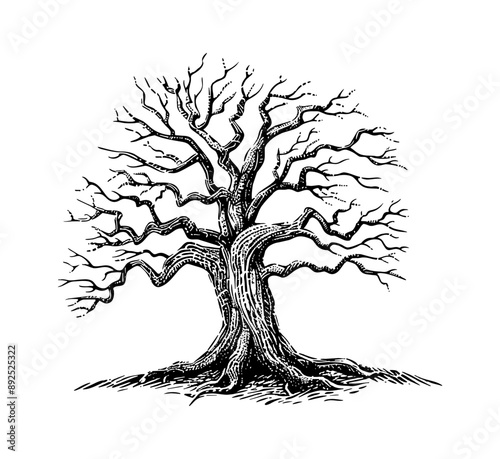 withered tree engraving black and white outline