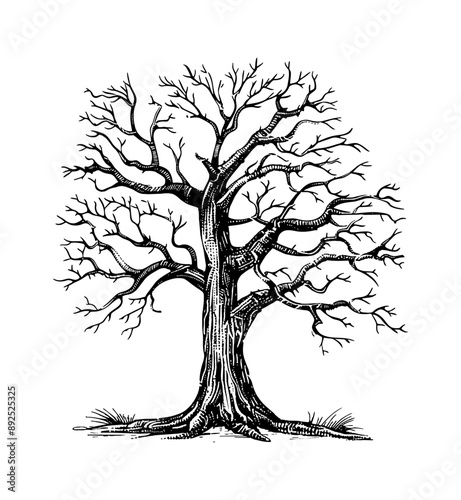 withered tree engraving black and white outline
