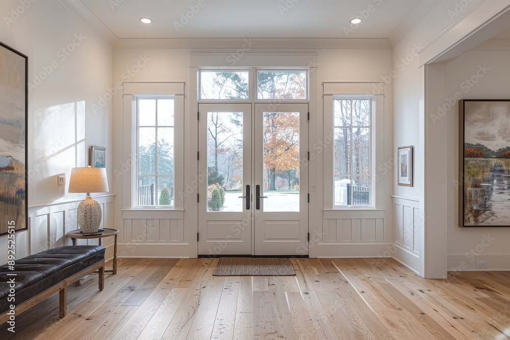 Obraz premium Head-on shot of modern farmhouse front entryway with white oak floors, wide planks, minimal decor, large window, and wood door leading to porch.