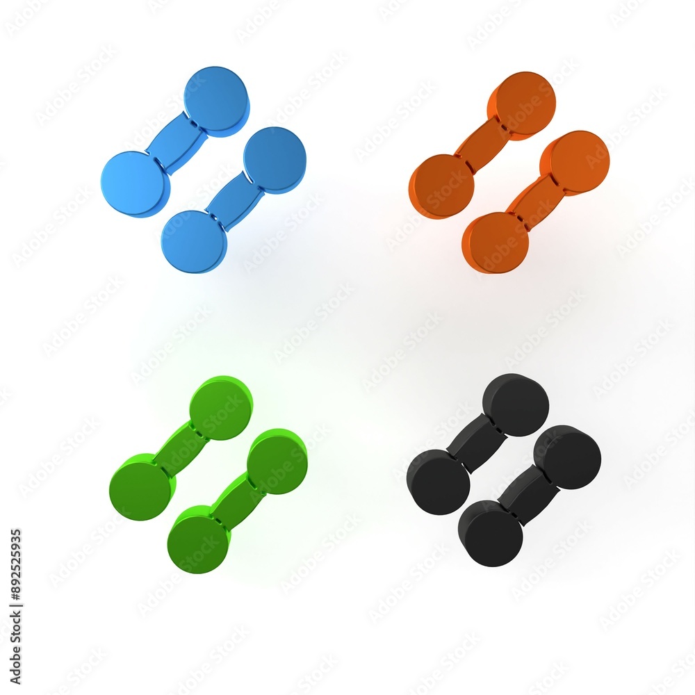 Fototapeta premium Colorful Dumbbell icon isolated on white background. Muscle lifting icon, fitness barbell, gym, sports equipment, exercise bumbbell. Minimalism concept. 3D render illustration
