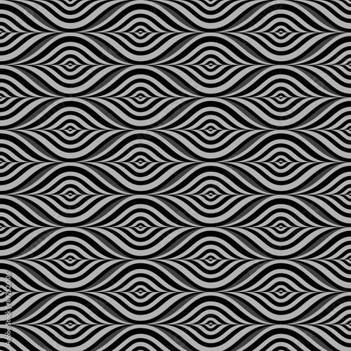 Optical pattern with black gray waves. Abstract liquid swirl flowing waves background. Vector decorative texture