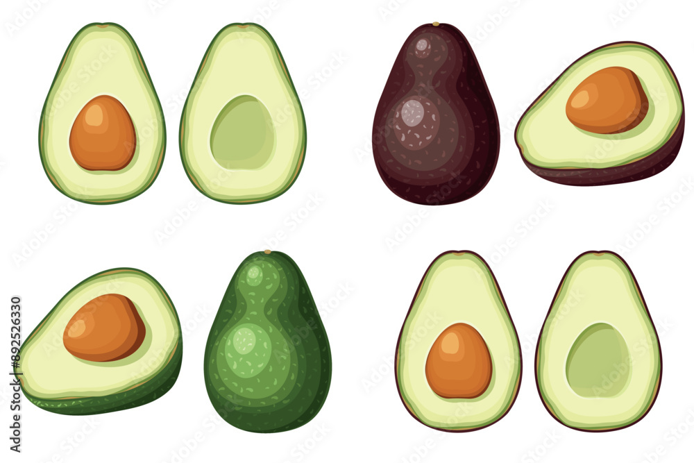 Set of fresh whole and half, green and red avocado isolated on white background. Summer fruits for healthy lifestyle. Healthy nutrition, organic food, vegetarian product. Cartoon style Set of fresh whole and half, green and red avocado isolated on white background. Summer fruits for healthy lifestyle. Healthy nutrition, organic food, vegetarian product. Cartoon style