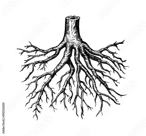 root tree engraving black and white outline