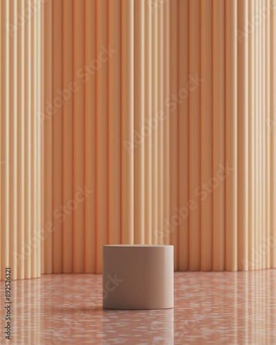 The cylindrical podium for product presentation in front of abstract pattern background. 3D illustration