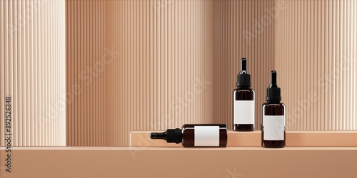 Dropper bottles on base two step in front of abstract curve background. Abstract background for cosmetics presentation 3D illustration