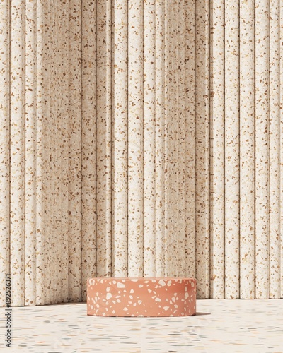 The cylindrical podium for product presentation in front of abstract pattern background. 3D illustration
