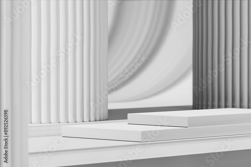 The white stage blank for product presentation in abstract background glass and shadows. 3D illustration
