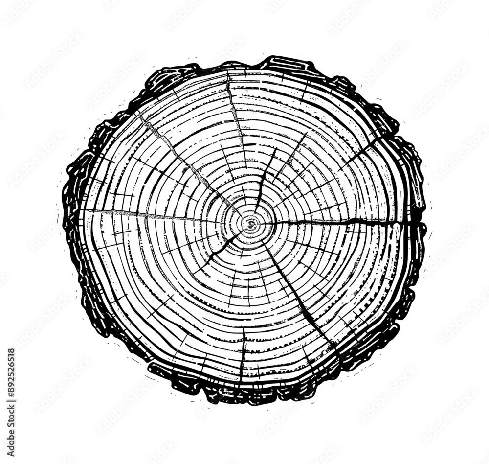 cross section tree wood engraving black and white outline