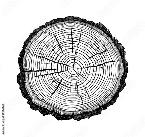 cross section tree wood engraving black and white outline