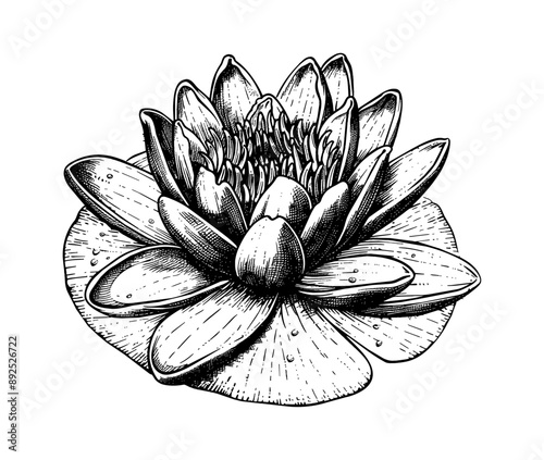 water lily engraving black and white outline