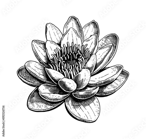 water lily engraving black and white outline