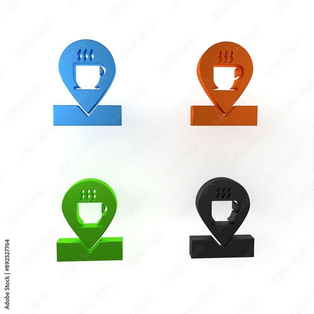 Colorful Location with coffee cup icon isolated on white background. Minimalism concept. 3D render illustration Colorful Location with coffee cup icon isolated on white background. Minimalism concept. 3D render illustration