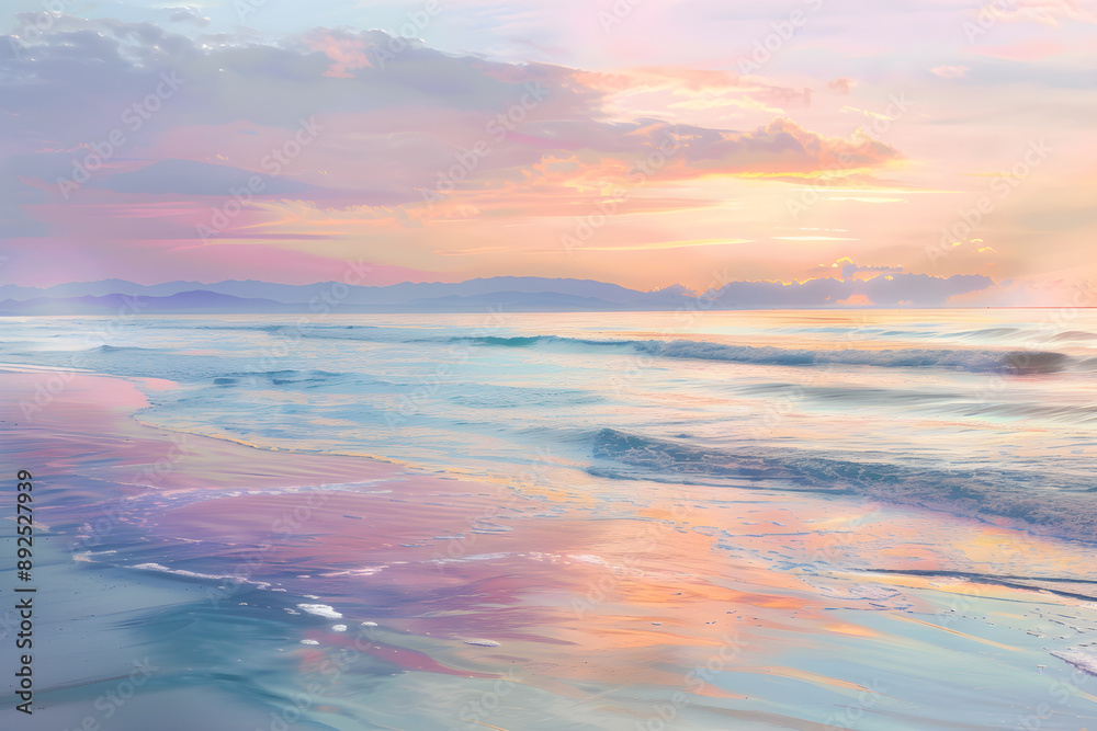 Sunset Serenity: A Peaceful Beachfront Harmony of Pastel Hues and Reflective Waters Sunset Serenity: A Peaceful Beachfront Harmony of Pastel Hues and Reflective Waters