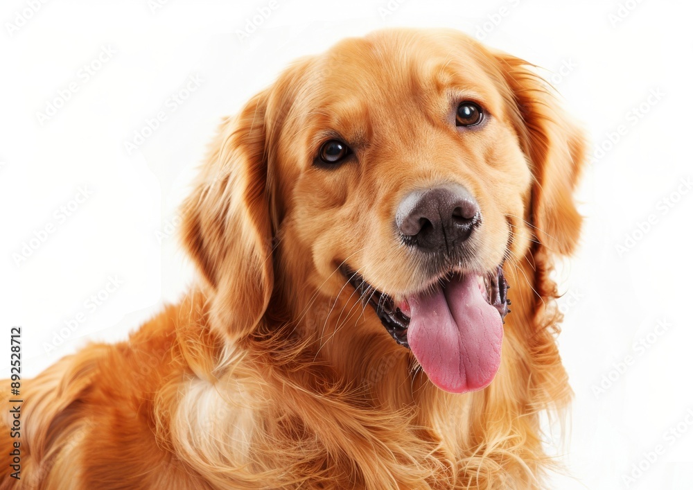 A cute Golden Retriever dog sticks out his tongue and smiles on a white background. A cute Golden Retriever dog sticks out his tongue and smiles on a white background.
