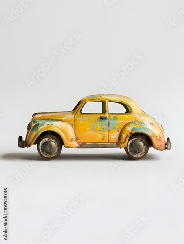 Weathered Vintage Yellow Toy Car on Plain White Background