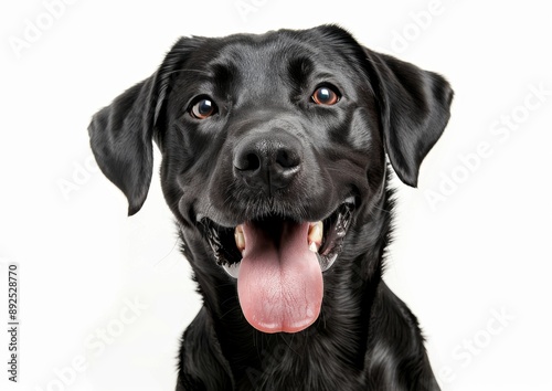 A cute Labrador Retriever dog sticks out his tongue and smiles on a white background.