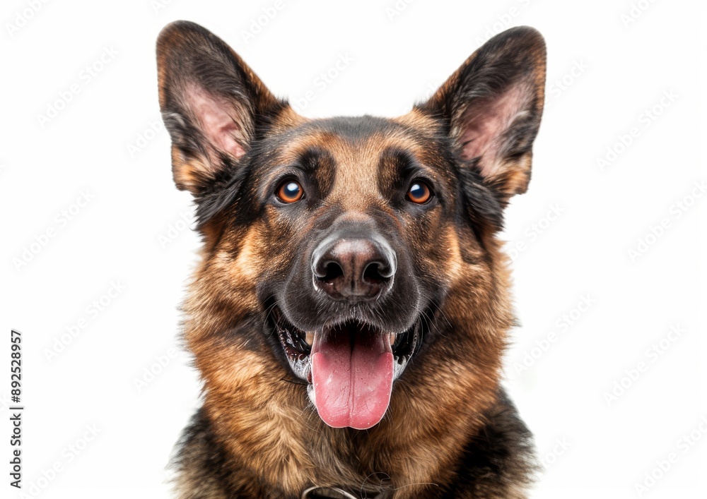 A cute German Shepherd dog sticks out his tongue and smiles on a white background. A cute German Shepherd dog sticks out his tongue and smiles on a white background.