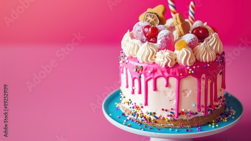 playful candy cake with various sweet toppings, isolated on a bright magenta background