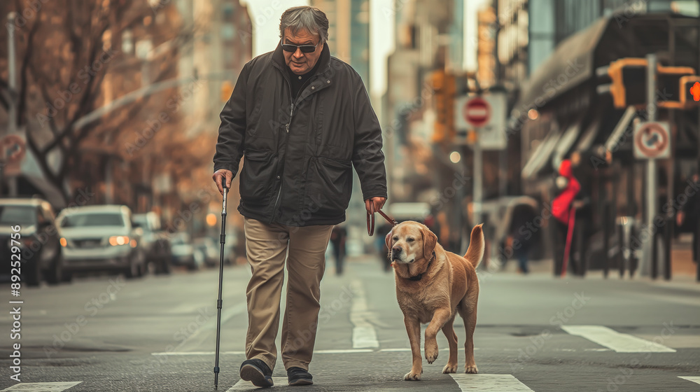 A blind man walks with a guide dog. The concept of independence and trust in navigating the world with the help of a service animal. Generative AI.