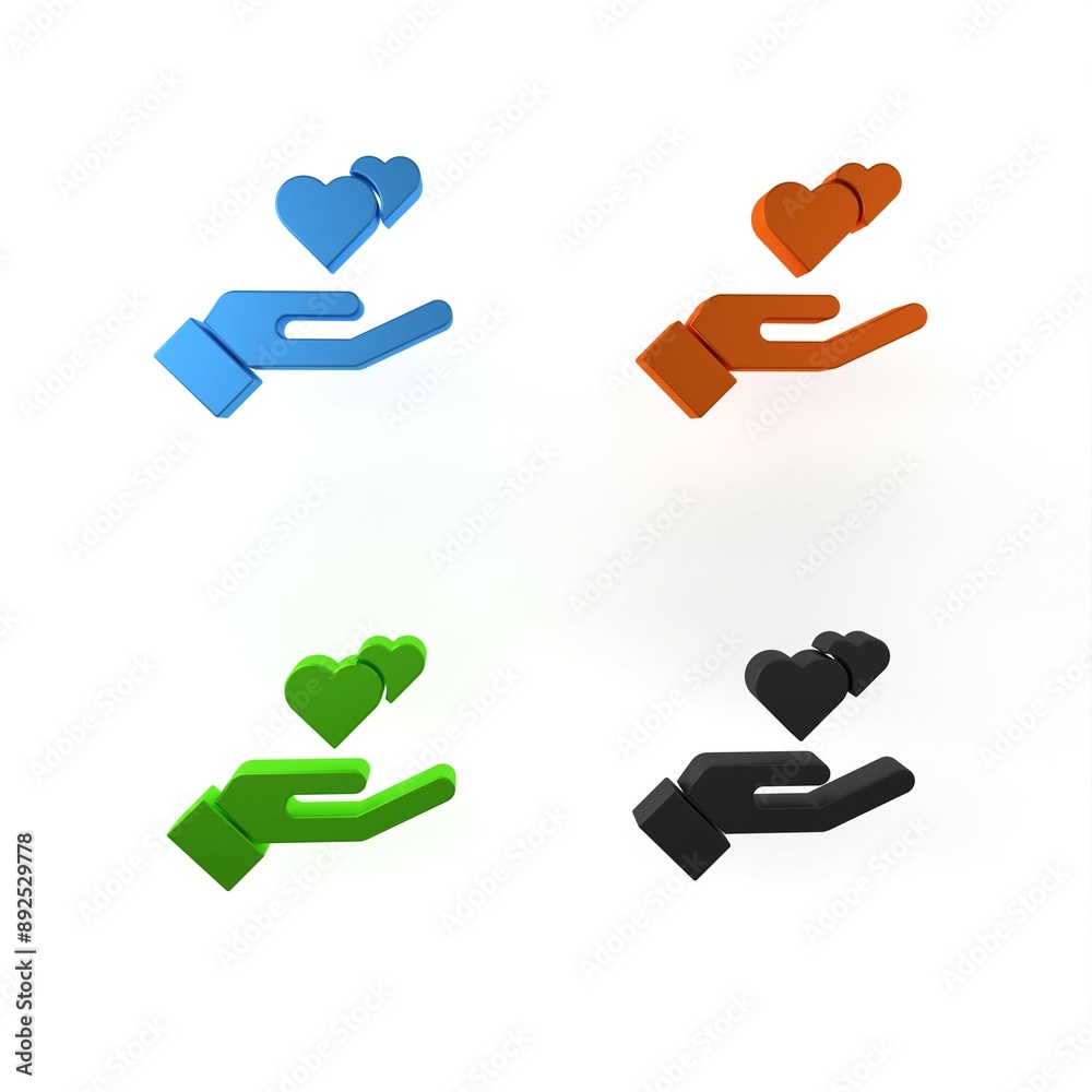 Colorful Heart in hand icon isolated on white background. Hand giving love symbol. Valentines day symbol. Minimalism concept. 3D render illustration Colorful Heart in hand icon isolated on white background. Hand giving love symbol. Valentines day symbol. Minimalism concept. 3D render illustration
