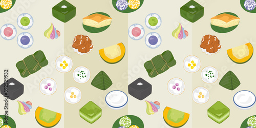 Traditional auspicious Thai desserts Thai food, seamless cartoon pattern, cute pattern with bright colors, Vector illustration for paper cover, pattern, package, inside bright color background.