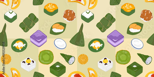 Traditional auspicious Thai desserts Thai food, seamless cartoon pattern, cute pattern with bright colors, Vector illustration for paper cover, pattern, package, inside bright color background.