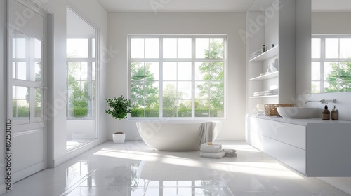 Modern Bathroom with a White Tub and Large Windows