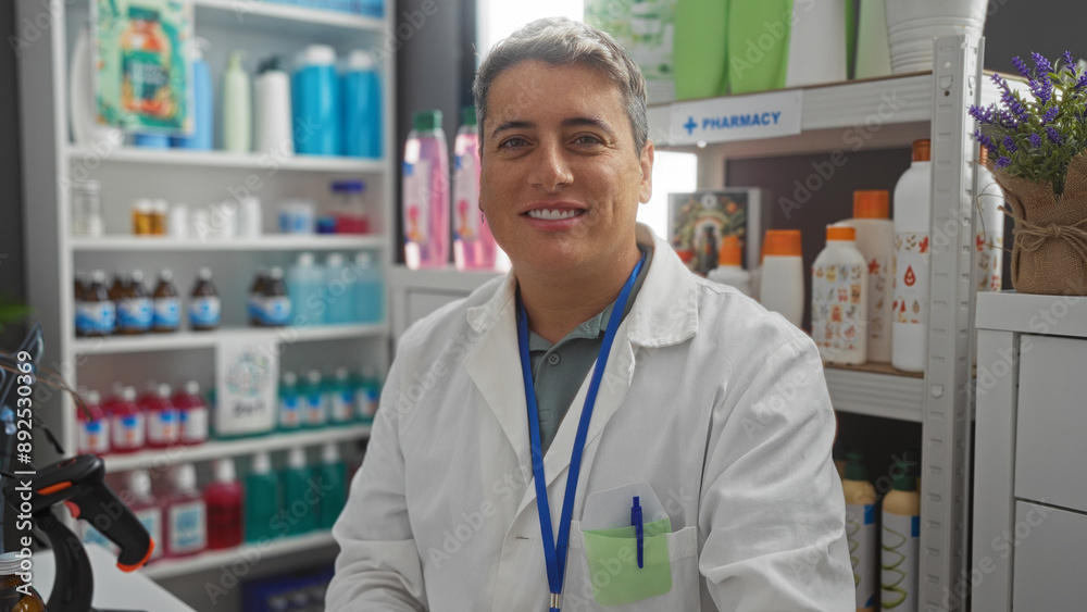 Handsome pharmacist in a pharmacy shop interior, smiling adult man wearing white coat standing among shelves of various medications and health products