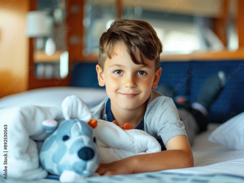 A young boy relaxing on his bed with a favorite stuffed animal A young boy relaxing on his bed with a favorite stuffed animal