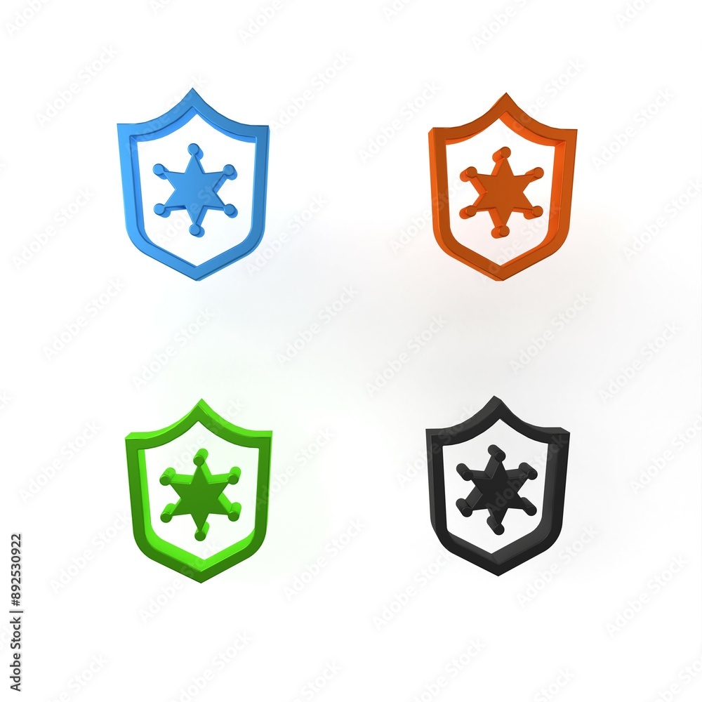 Colorful Police badge icon isolated on white background. Sheriff badge sign. Minimalism concept. 3D render illustration Colorful Police badge icon isolated on white background. Sheriff badge sign. Minimalism concept. 3D render illustration
