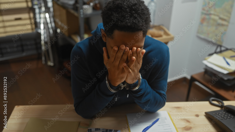 African american man stressed at police station with evidence board in background. African american man stressed at police station with evidence board in background.