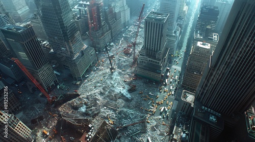 Aerial view of Ground Zero with rescue efforts in full swing