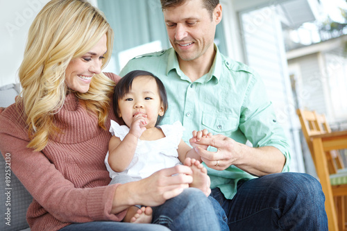 Fotografía Adoption, happy family and parents with baby in home for love, support or bonding together