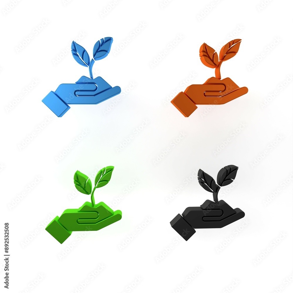 Colorful Plant in hand of environmental protection icon isolated on white background. Seed and seedling. Planting sapling. Minimalism concept. 3D render illustration Colorful Plant in hand of environmental protection icon isolated on white background. Seed and seedling. Planting sapling. Minimalism concept. 3D render illustration