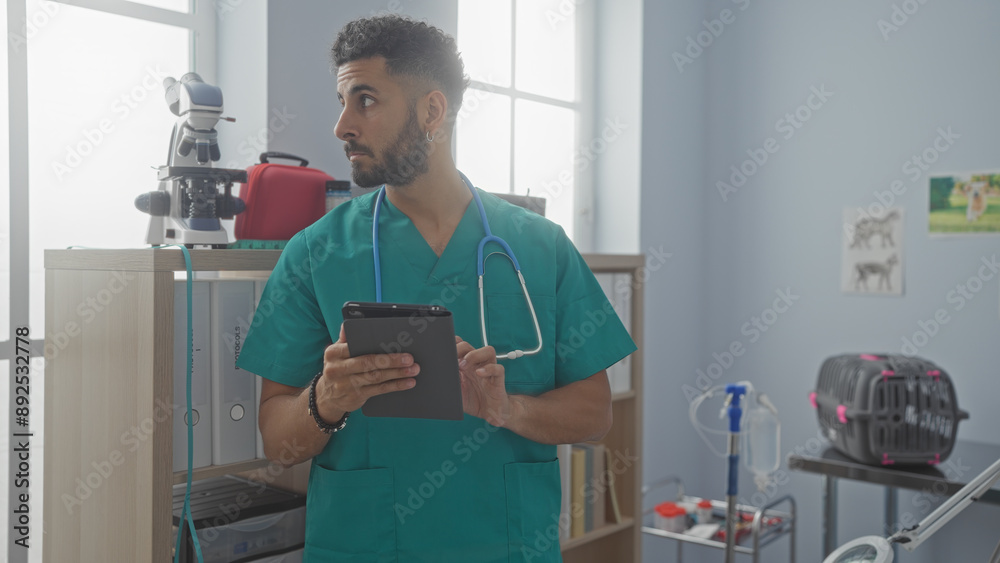 A young hispanic man in teal scrubs stands in a veterinary clinic room with a stethoscope around his neck while holding a tablet device. A young hispanic man in teal scrubs stands in a veterinary clinic room with a stethoscope around his neck while holding a tablet device.