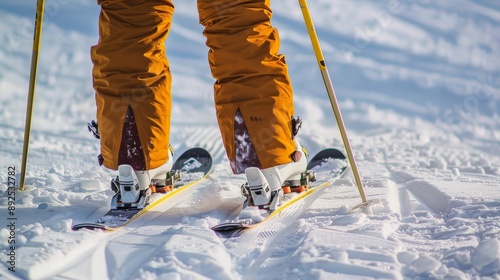 close up of skier legs in yellow pants and white boots on snow with ski poles in ski resort background showcasing cross country skiing equipment photo