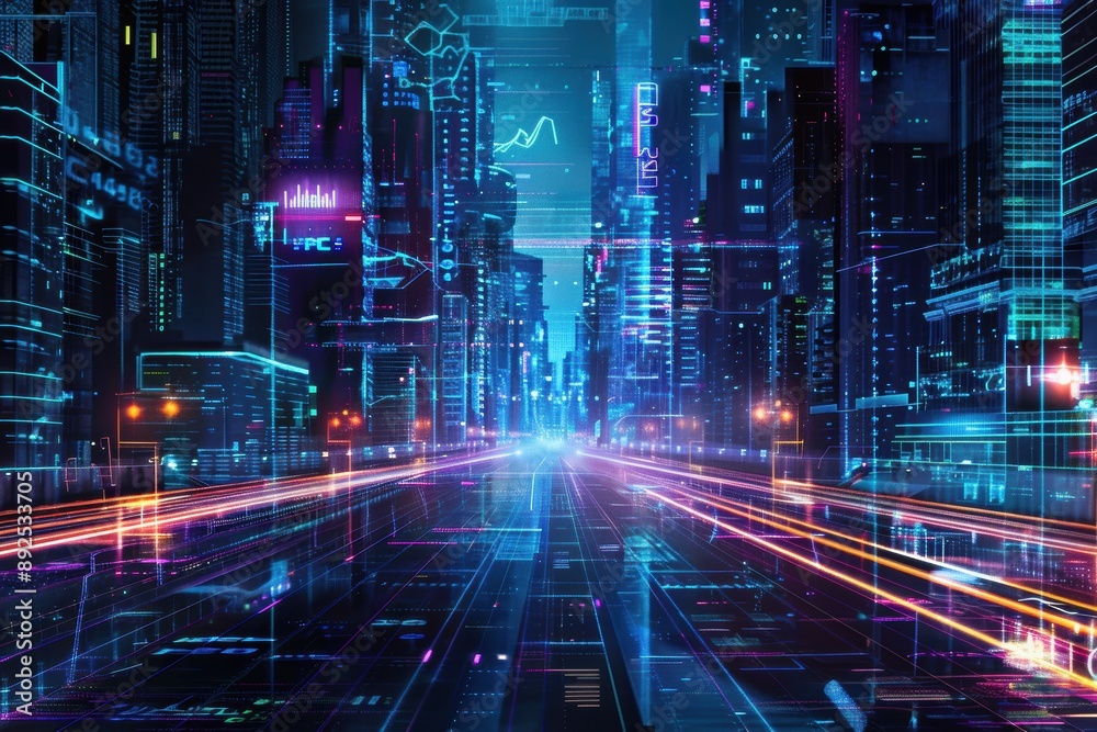 Naklejka premium Digital City: Exploring Technology and Communication - A Vibrant Cityscape of Neon Circuits, Electronic Streets, and Skyscrapers in Cyberspace