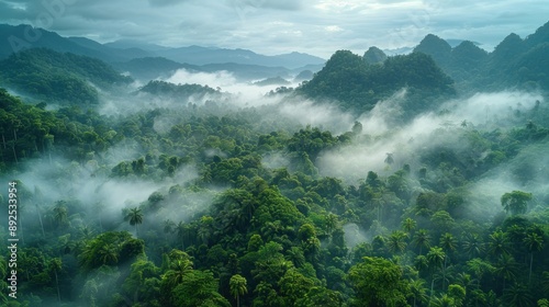 Misty Jungle Landscape with Rolling Hills © almeera