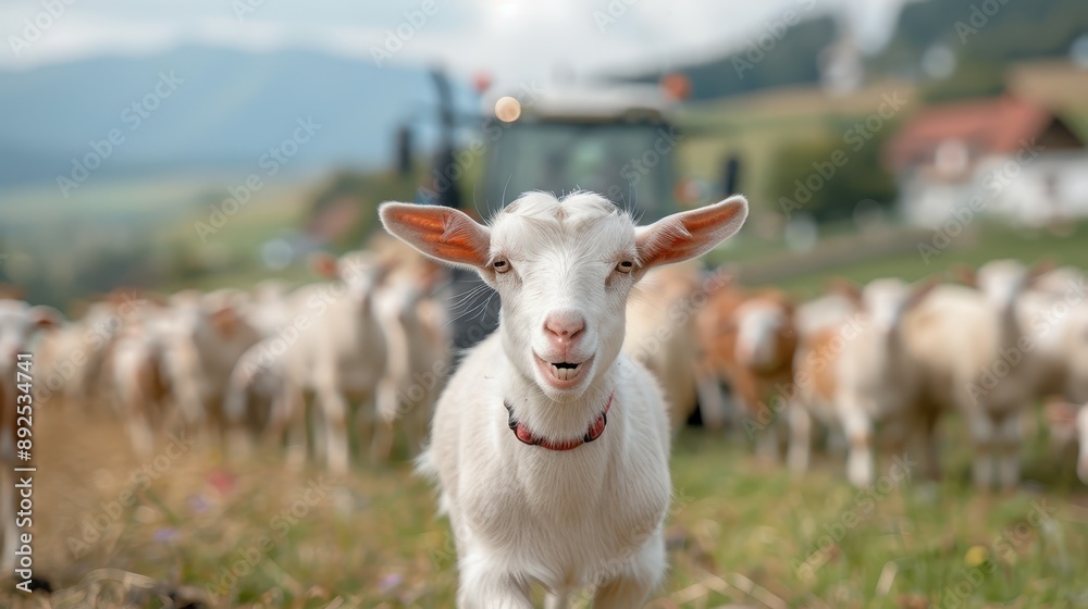 Obraz premium A white goat stands prominently in the foreground with a blurred background of other goats, illustrating the simplicity and charm of outdoor rural environments and livestock.