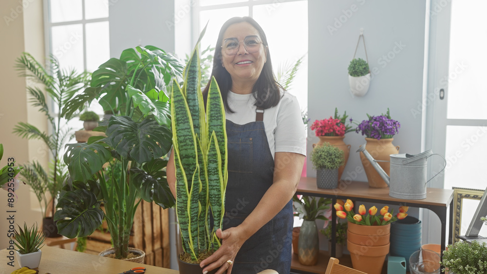 Obraz premium A smiling woman standing amidst vibrant plants in an indoor flower shop.