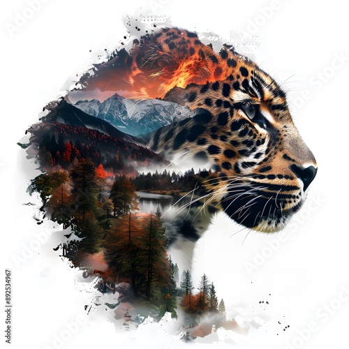 Hyper Realistic Double Exposure Leopard Head with Mountain Landscape photo