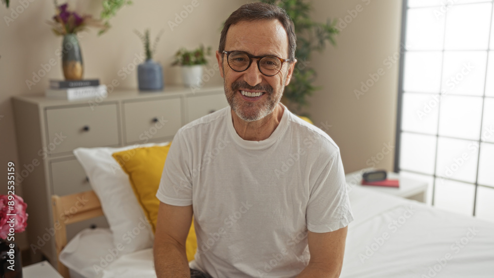 Smiling hispanic middle-aged man sitting on bed in cozy bedroom with indoor plants and dresser Smiling hispanic middle-aged man sitting on bed in cozy bedroom with indoor plants and dresser