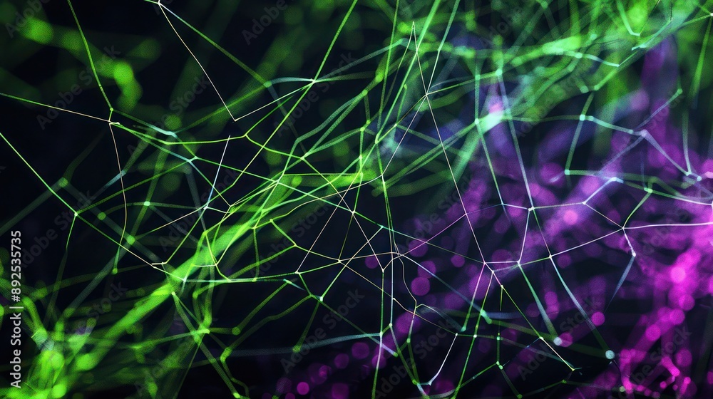 Neon green and deep purple threads weaving an abstract web on a black background, perfect for futuristic text displays Neon green and deep purple threads weaving an abstract web on a black background, perfect for futuristic text displays
