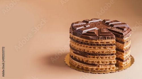 playful KitKat cake with layers of wafers and chocolate on a bright beige background, fun for engaging text