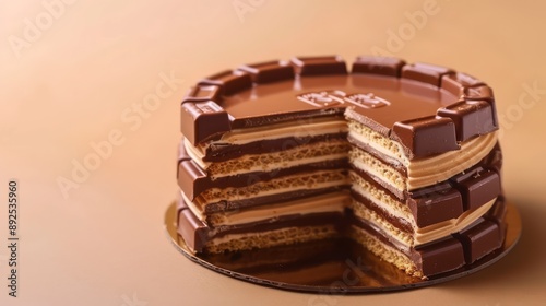 playful KitKat cake with layers of wafers and chocolate on a bright beige background, fun for engaging text