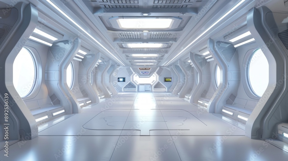 Obraz premium A corridor of the future, a fantasy environment. Wide, high-ceilinged, with curved walls, the corridor is framed by several doors. The atmosphere is clean, sterile and technologically advanced.