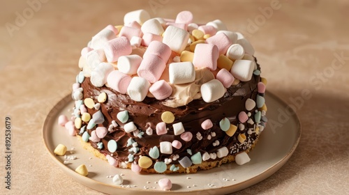 playful marshmallow and chocolate cake with marshmallow frosting on a light brown background, sweet and inviting for fun gatherings